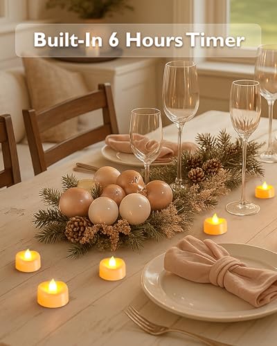 Battery Operated Flickering Tea Lights with Timer - Ring Edge, Warm Yellow Glow, Ivory Base, 12 Pack