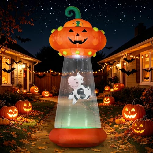 Halloween Inflatable Pumpkin UFO - 8 FT Outdoor Yard Decoration with Alien Cow and LED Lights - Variation: Pumpkin UFO