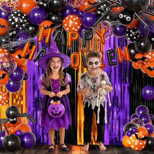 Halloween Fringe Curtain Set - Orange Purple Black Party Decorations with Balloons & Bats - Variation of Black Purple Orange