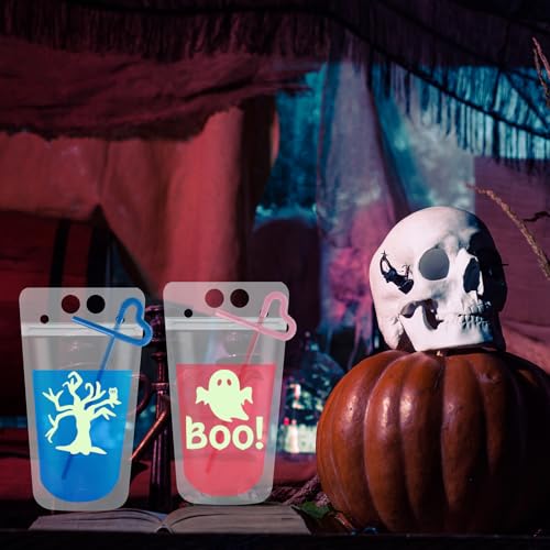 Glow in the Dark Halloween Drink Pouches with Straws - Spooky Party Decorations, 36 Pack