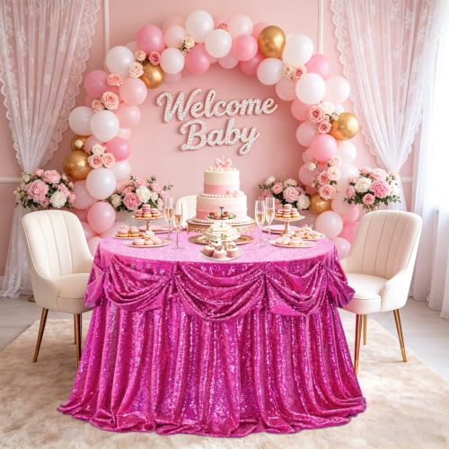 Fuchsia Round Sequin Tablecloth - 132 Inch Glitter Cover for Wedding & Party
