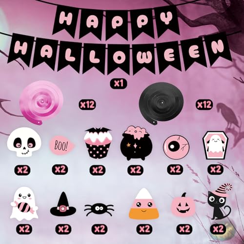 Pink Halloween Party Decorations 49Pcs Spooky Bats Ghost Pumpkins Banners & Swirls