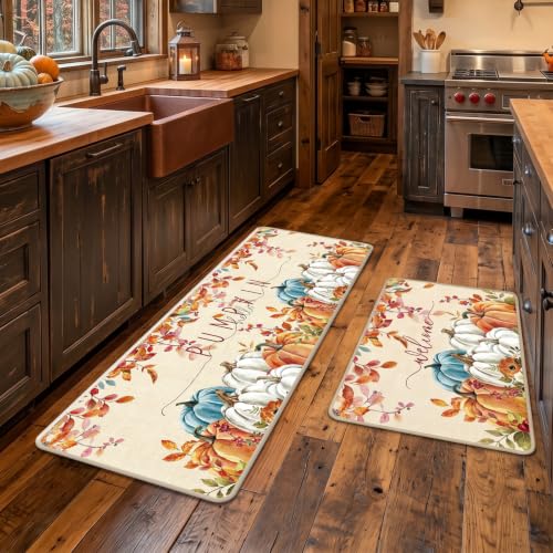 Fall Pumpkin Kitchen Mat Set - Autumn Fall Kitchen Rugs, 3-Piece with Non-Slip Backing