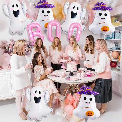 Halloween Pink Foil Balloons Set - Boo Ghost Pumpkin Party Decorations