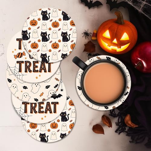 Kawaii Ghost Cat Halloween Coasters Set of 6 Ceramic Stone Drink Protectors with Cork Base