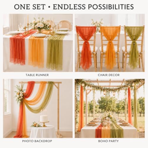 Fall Decor Chiffon Table Runner Set - Orange, Green & Terracotta, 6PCS with Variation Orange Green Terracotta