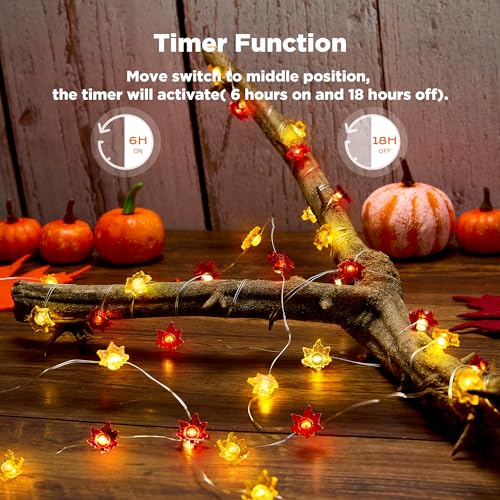 Fall Decorations for Home 12.8FT 40 LED Maple Leaf String Lights - Battery Operated with Timer