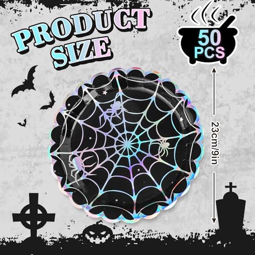 Halloween Spider Web Dinner Plates - 50 Pack Iridescent 9 Inch Disposable Party Tableware - Black Silver Laser Effect - Spider Web Variation