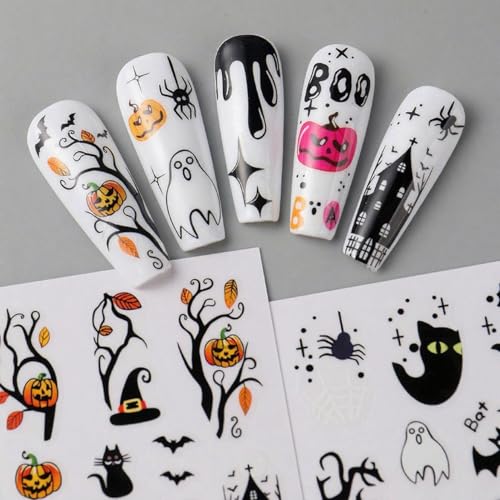 Halloween Nail Stickers Pumpkin Ghost Bat Web Skull Floral DIY Self-Adhesive Decor - Style 8