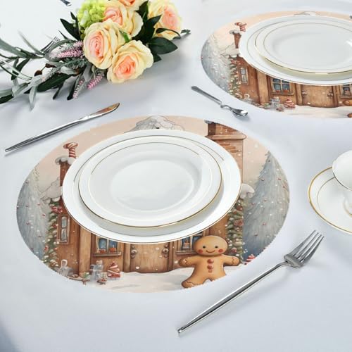 Christmas Snow Gingerbread Man Round Placemats Set of 6 - Holiday Table Decor - Washable & Heat Resistant - 15.4 inch - Variation 8