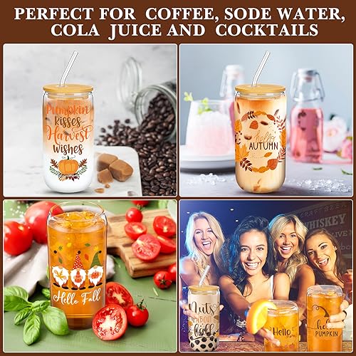 12 Pack Fall Glass Drinking Cups with Lids and Straws - 16oz Pumpkin Design for Thanksgiving Halloween Autumn