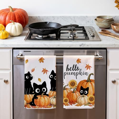 Hexagram Fall Kitchen Towels Set - Black Cat & Pumpkin Design, 18 x 28 Inches
