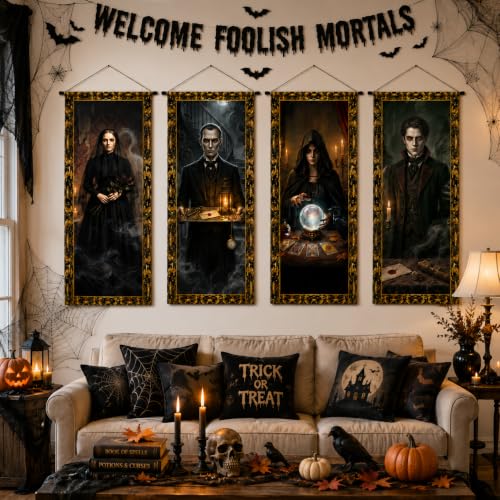 Halloween Haunted Mansion Portrait Wall Banners 4-Pack - Spooky Gothic Decor
