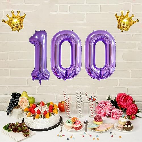Jumbo 40 Inch Purple 100 Number Foil Balloons with Crown for Birthday & Anniversary Decor