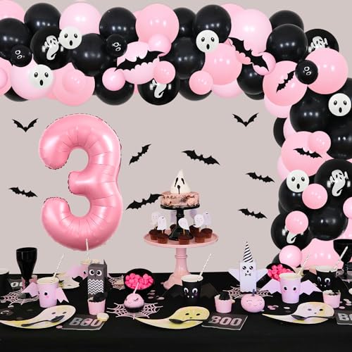 Halloween 3rd Birthday Balloon Garland Kit with Bat Wall Stickers and Foil Number 3