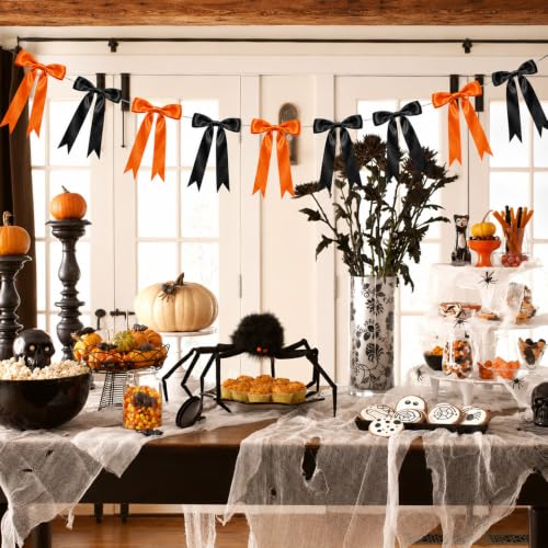 Halloween Bow Garland Banner with Black & Orange Satin Bows - 2 Strands, 16 Large Movable Bows, 13ft Decor