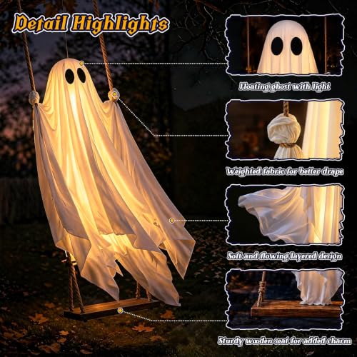 Outdoor Hanging Ghost Decor - 4.3FT Spooky Swing Ghost with LED Lights