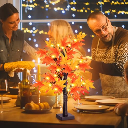 2 Pack 24-Inch Lighted Artificial Maple Trees with LEDs for Fall & Thanksgiving Decor