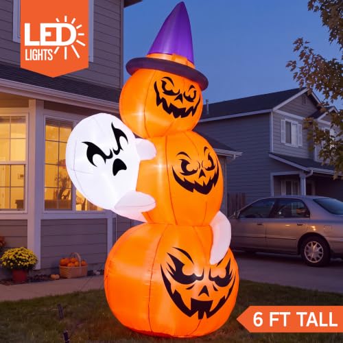 6 FT Halloween Inflatable Ghost and Pumpkin Decor with Witch Hat - Outdoor Halloween Decorations, White Ghost with Pumpkin Variation