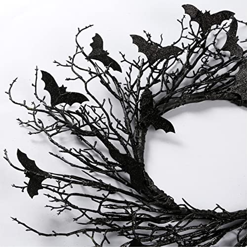 Halloween Black Twig Wreath with Glitter Bats - Handmade Front Door Decor - Black Variation