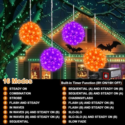 LED Halloween Sphere Lights - 4.2-Inch Purple & Orange Cherry Blossom Ornaments with 16 Modes, Indoor Outdoor Decor (4 Pack)