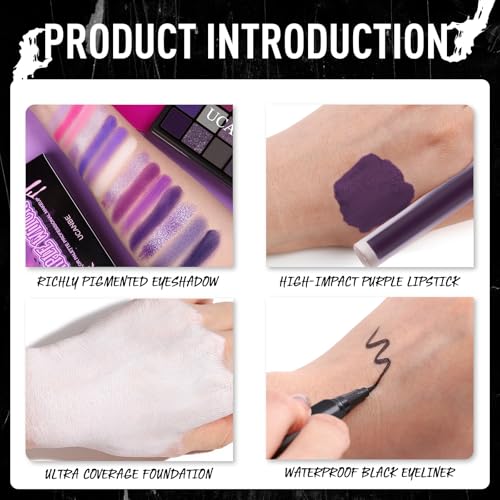UCANBE Purple Halloween Makeup Kit - 15-Color Eyeshadow, White Foundation & Lipstick