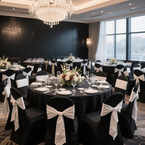 Black 5ft Round Spandex Tablecloth with Skirt - 60 Inch Fitted Wrinkle-Free Cover for Wedding & Events - 2 Pack