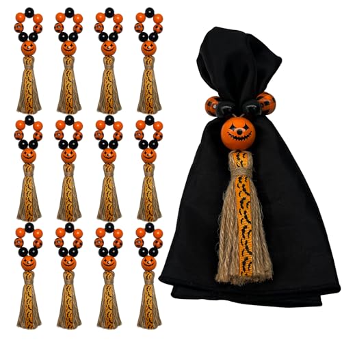 Halloween Napkin Ring Set of 12 with Wooden Beads and Jute Tassels