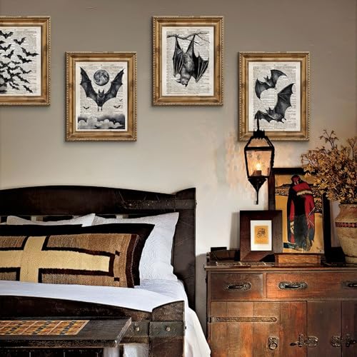 Dark Academia Gothic Bat Wall Art Decor Set of 4 - 12x16 Inches - Unframed A.bat Variation