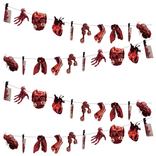 Halloween Party Banner with Fake Knives & Red Splatter Effects – Creepy Haunted House Decorations (4 Pieces)