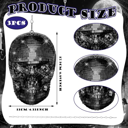 Disco Halloween Skull Decor Set - Black Hanging Mirror Mosaic Ornaments, 6.9 x 4.3 Inches, 3 Pack