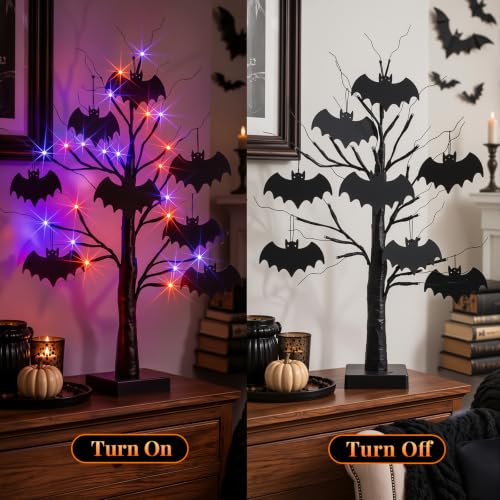 Indoor Halloween Black Tree Decorations Set - 24 Inch 2-Pack with LED Lights & Bat Ornaments