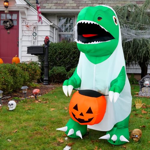 6 Ft Halloween Inflatable Ghost Dinosaur with Pumpkin LED Decor - Spooky Yard Decoration