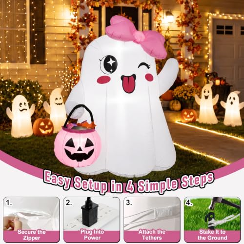 5FT Halloween Inflatable Ghost with Pink Bow and Glowing Pumpkin - Outdoor Decor