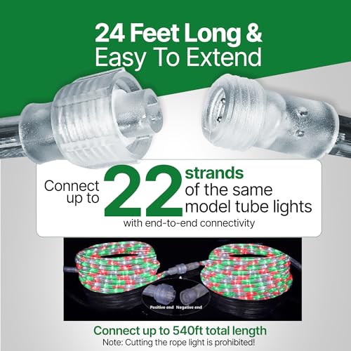 LED Rope Light 24Ft Waterproof Indoor Outdoor Color Variations of Red, Green, White