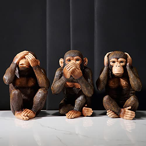 Set of 3 Monkey Statues - Hear No Evil See No Evil Speak No Evil Resin Sculptures for Home Office Decor - Large Brown Monkeys