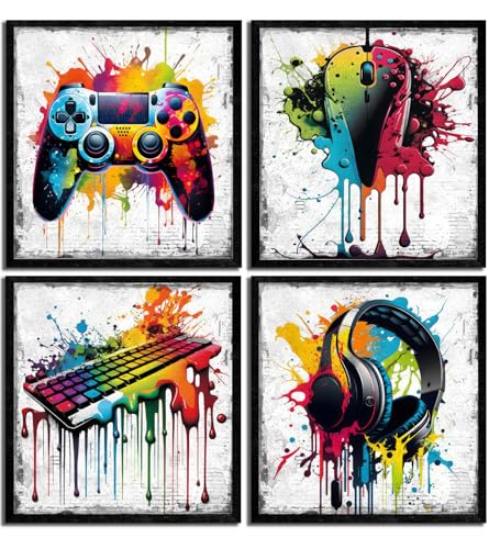 Game Room Wall Art Set - 16x16in Graffiti Gamepad Headphones Posters - 4 Pieces - Kids Bedroom Decor - Game Enthusiast Gift - Variation of THIS listing