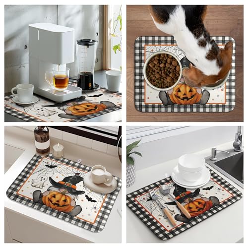 Halloween Gnomes Dish Drying Mat with Bats & Pumpkins - Large Microfiber Kitchen Mat