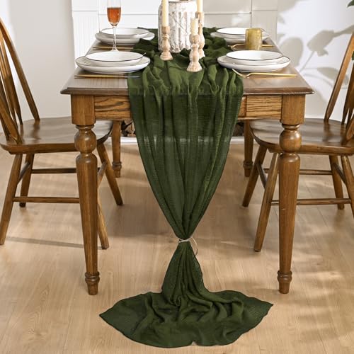 120-Inch 6-Piece Boho Cheesecloth Gauze Table Runner Set - Olive Green Wedding & Holiday Decor