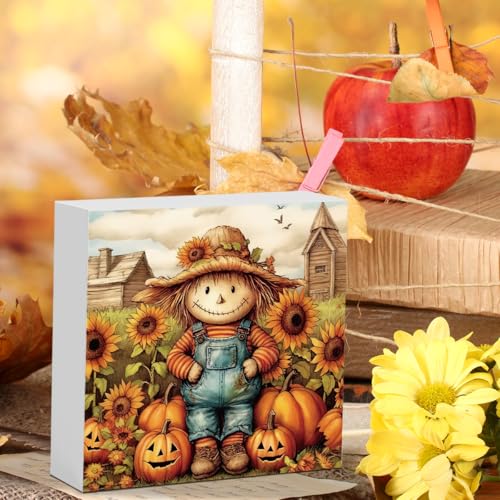 Fall Decor Pumpkin Scarecrow Wooden Box Sign - Autumn Harvest Rustic Home Accent