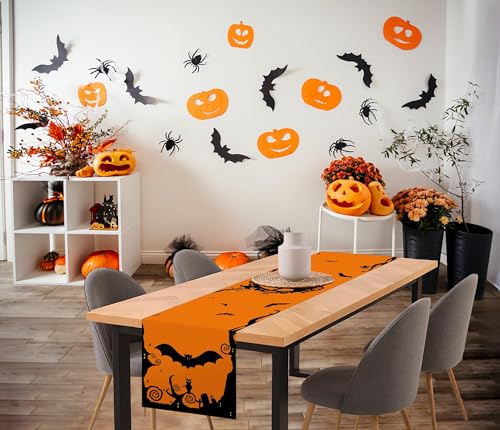 Halloween Table Runner Decor Orange Bat Pattern 13x72 Inch - Indoor Home Party