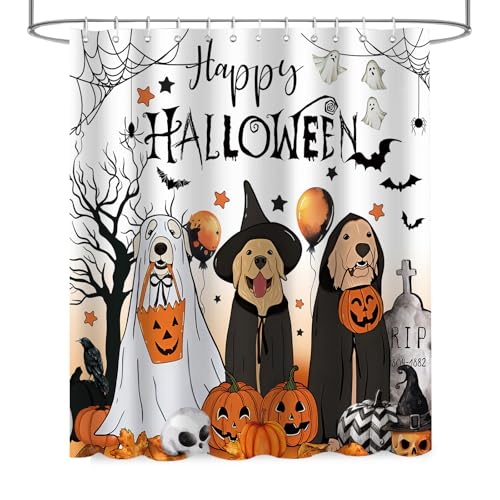 Halloween Shower Curtain for Bathroom - Funny Dog Ghost Pumpkin Bat Theme, Waterproof Fabric, 72x72 Inches, White Variation