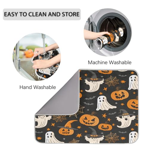 Halloween Dish Drying Mat - 18x24 Inch Pumpkin Ghost Spooky Web Design - Super Absorbent Microfiber Kitchen Counter Mat - Extra Large
