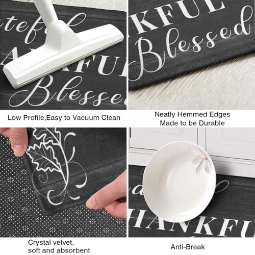 Black Thankful Blessed Kitchen Rugs Set of 2 - 17x47 & 17x30 Inch Cushioned Non-Slip Mat
