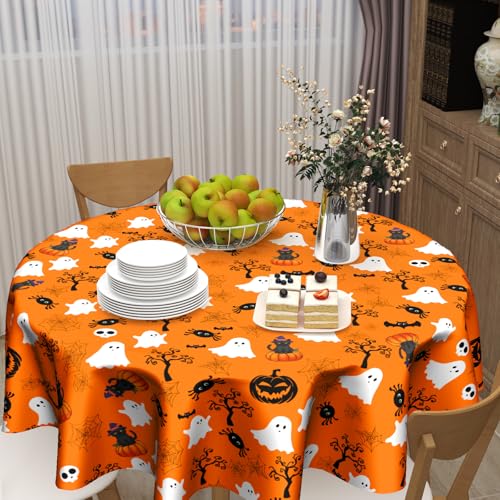 Halloween Round Tablecloth 60 Inch - Fall Pumpkin & Ghost Design for Party & Dining