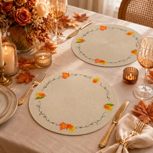 Fall Leaf Embroidered Round Placemats Set of 4 - Yellow & Beige Autumn Decor