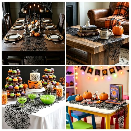 Halloween Spider Web Lace Table Runner for Dining & Decor - Black, 18x72 Inches