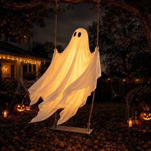Halloween Ghost Swing Decoration with LED Lights - 5 ft Lighted Hanging Prop