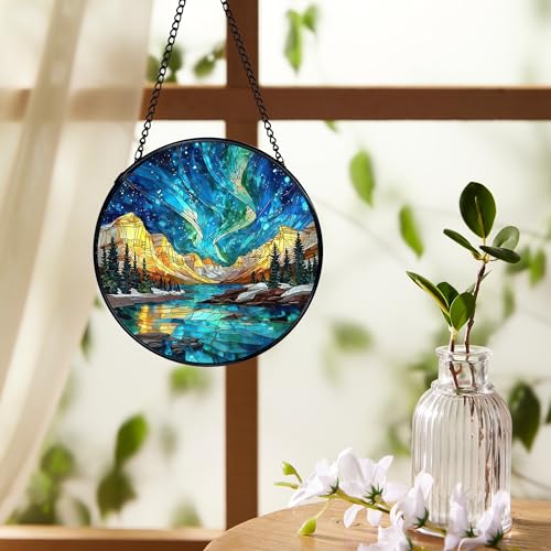 Aurora Borealis Sun Catcher - Stained Glass Window Hanging, 7.9in with Chain - Aurora Variation