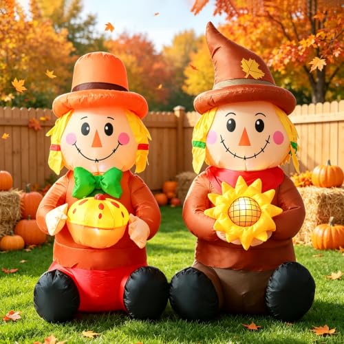 Inflatable Scarecrow Decorations with LED Lights - Fall & Thanksgiving Outdoor Decor - Variation: Scarecrow Couples